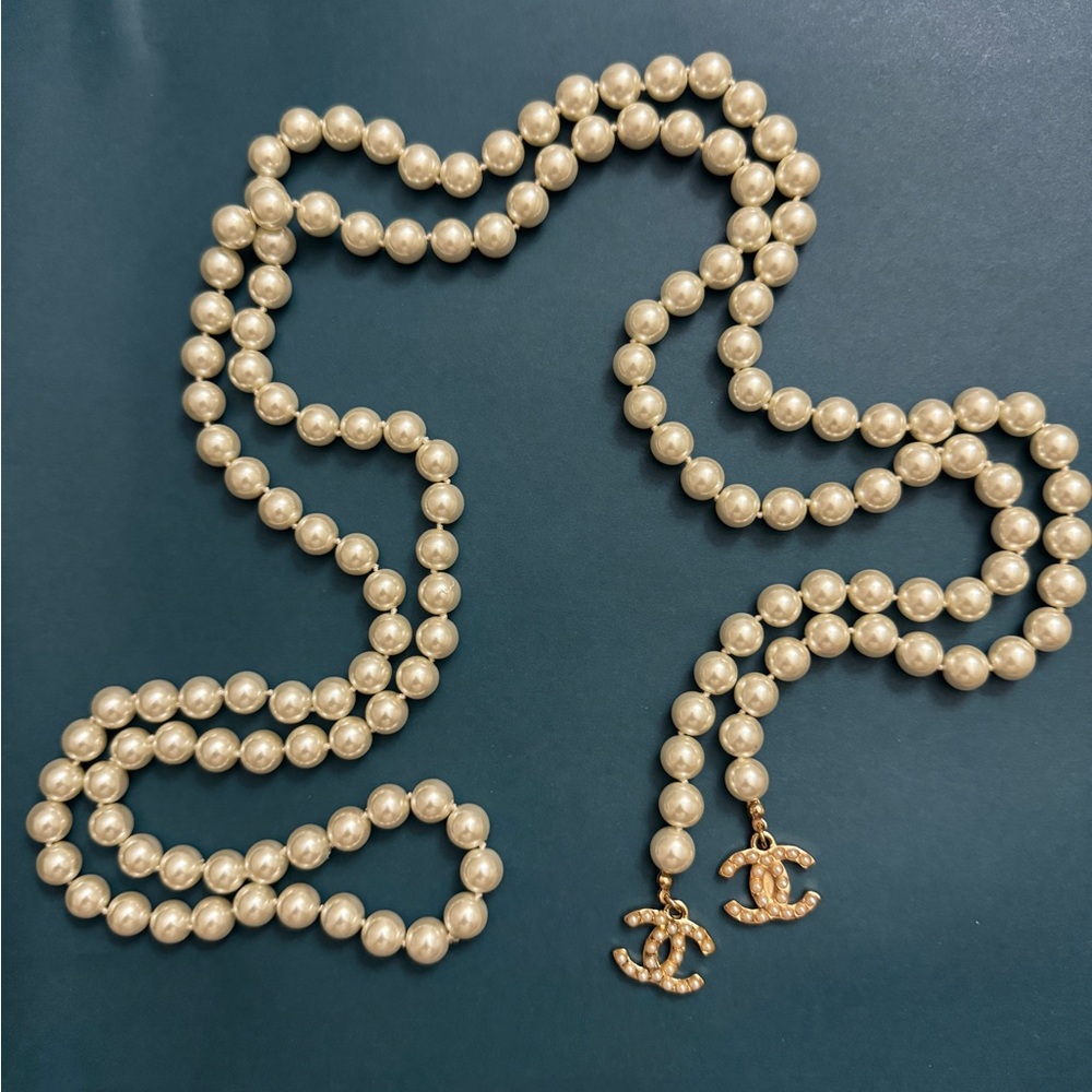Elegant Pearl Necklace with Gold Accents 63 inch long